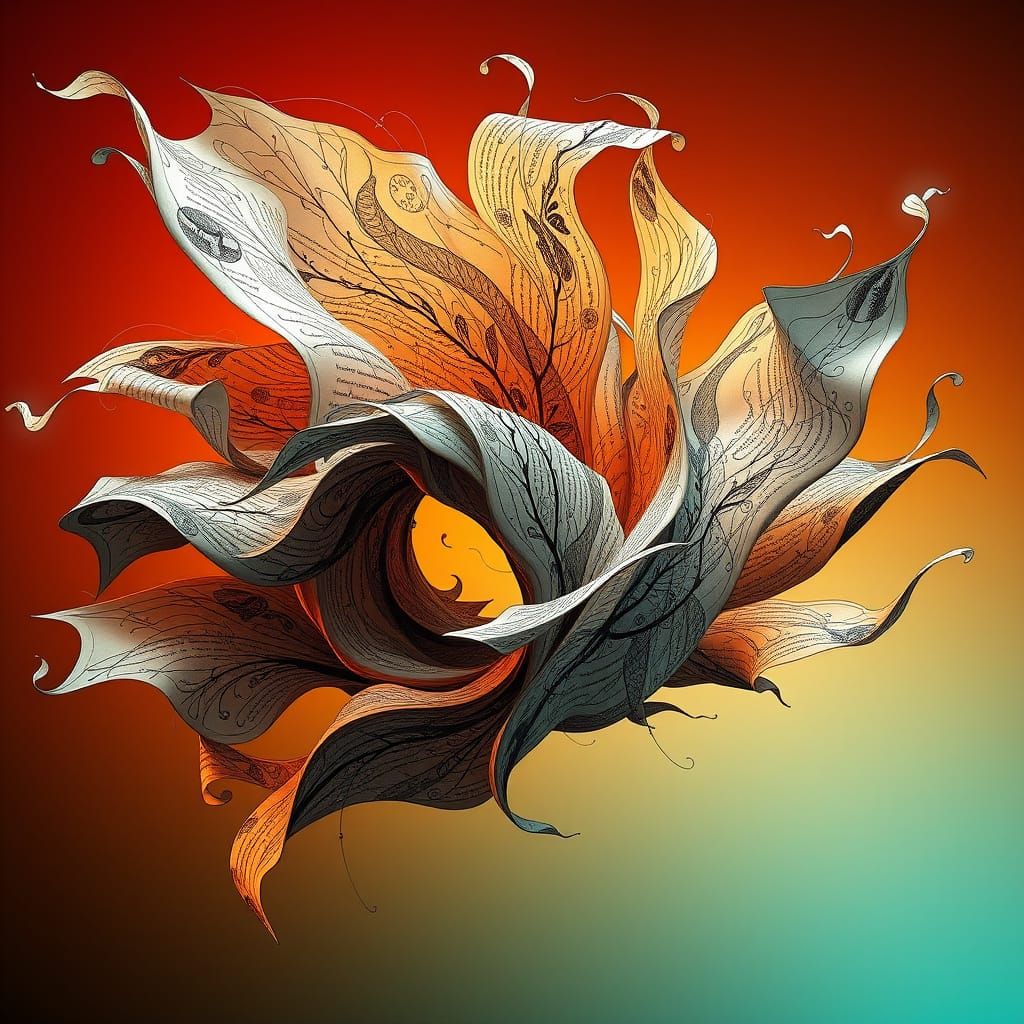 Intricate Book Pages Dance in Air with Vibrant Colors