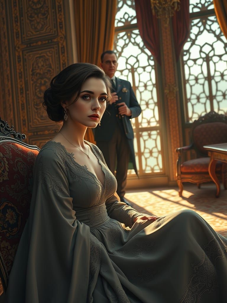 Elegant Woman in Mourning Attire Surrounded by Opulent Texti...