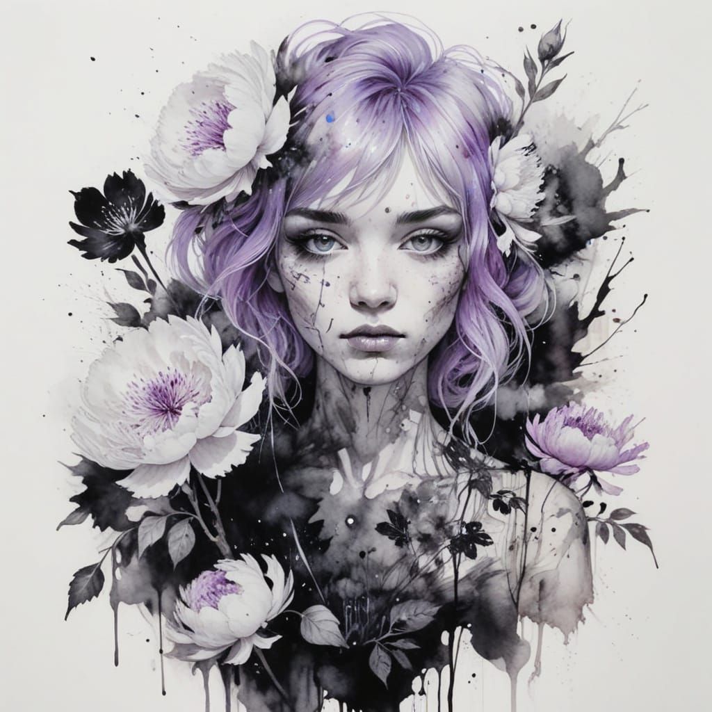 Monochrome Portrait with Lilac Hue and White Peonies