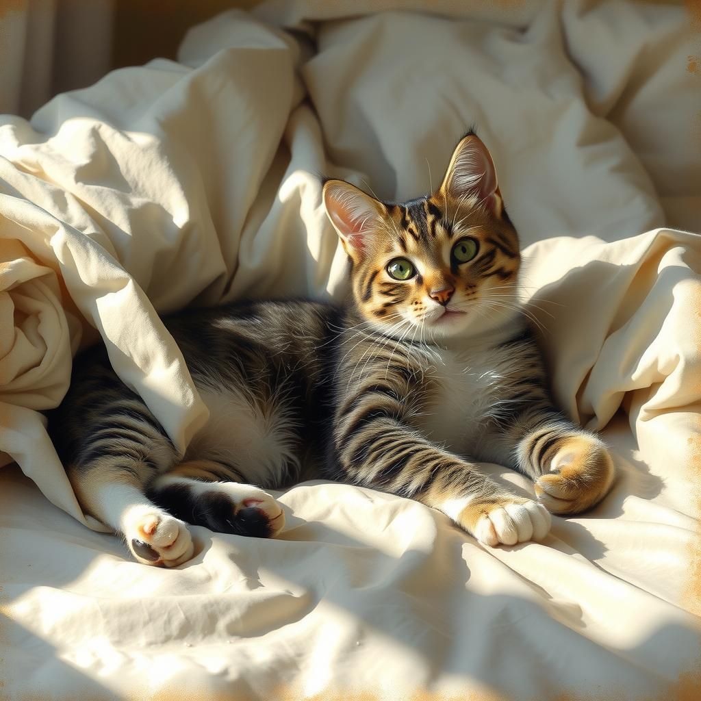 Cute Tabby Cat Lounging in Morning Light