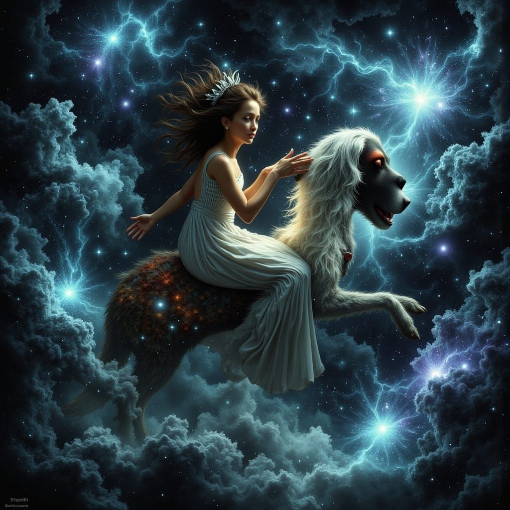 An aristocratic lady with eyes that reflect swirling galaxie...