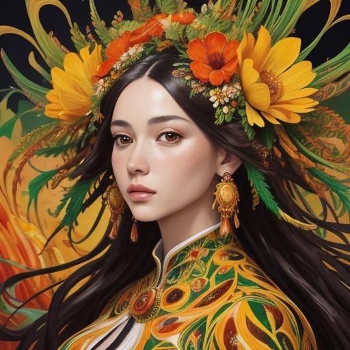 Woman with Flower Crown in Vivid Landscape