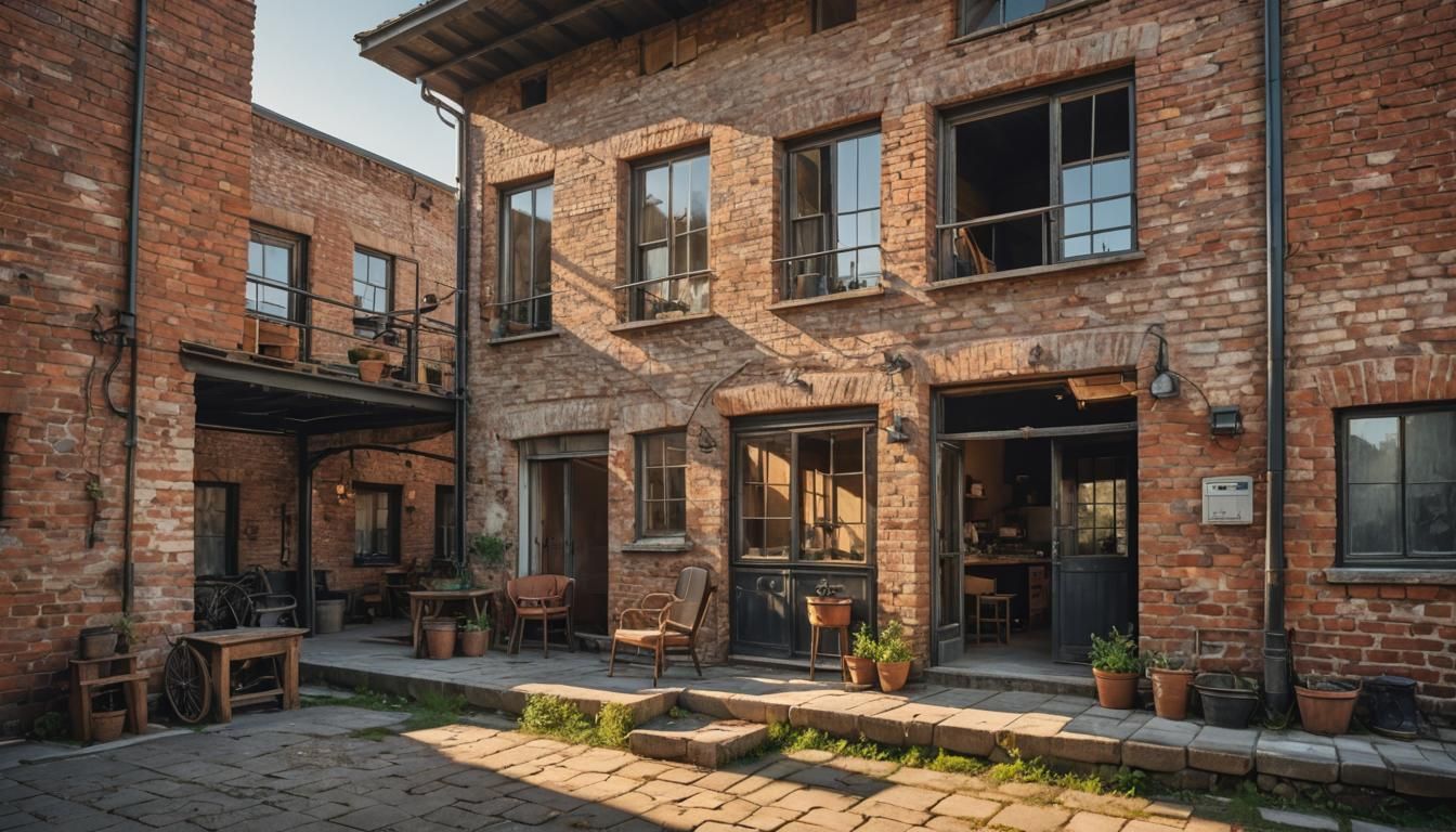 Rustic Industrial House at Golden Hour: Hyperrealistic Photo