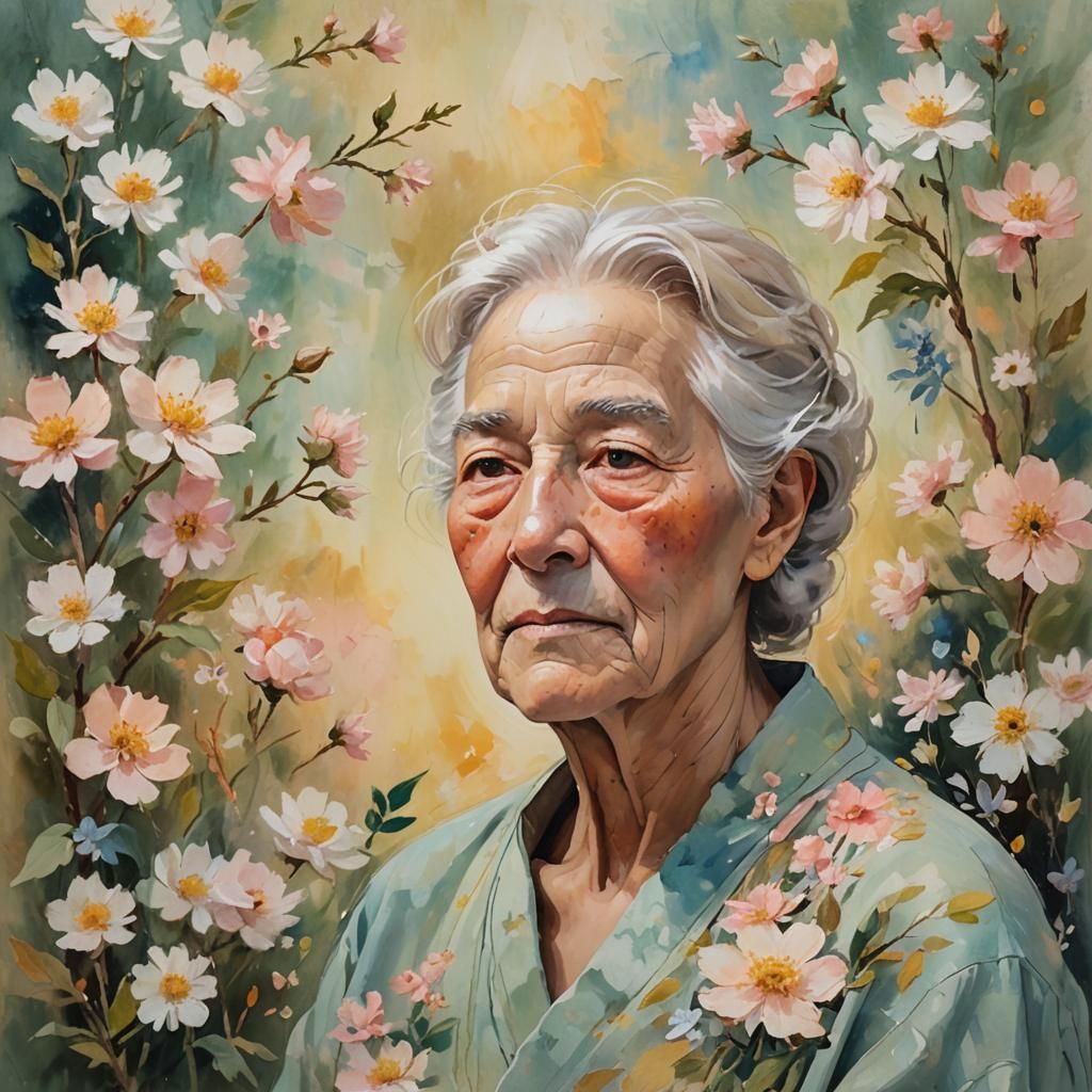Impressionist Portrait of Elder Surrounded by Flowers