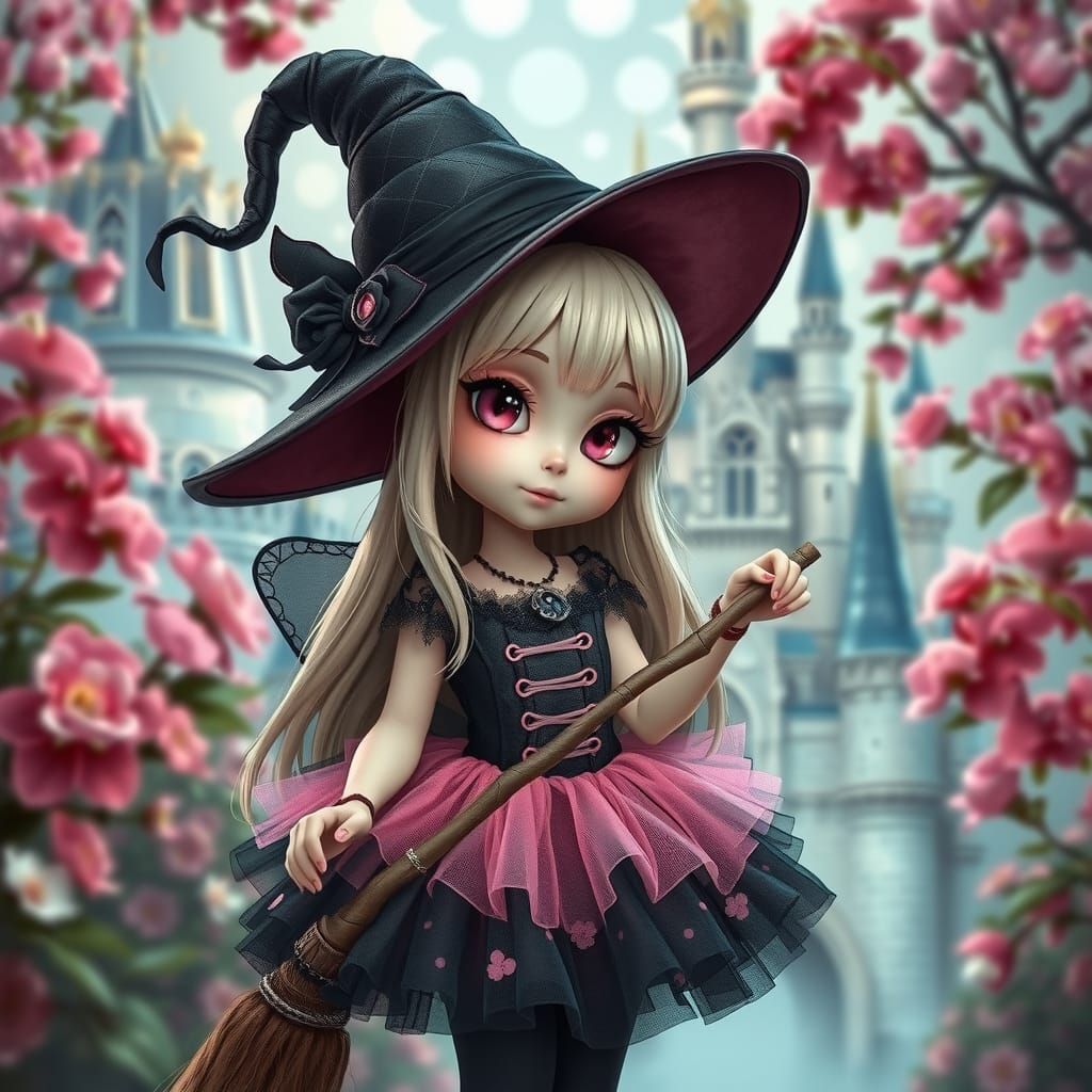 Gothic Pixie Witch in Magical Castle, Digital Art