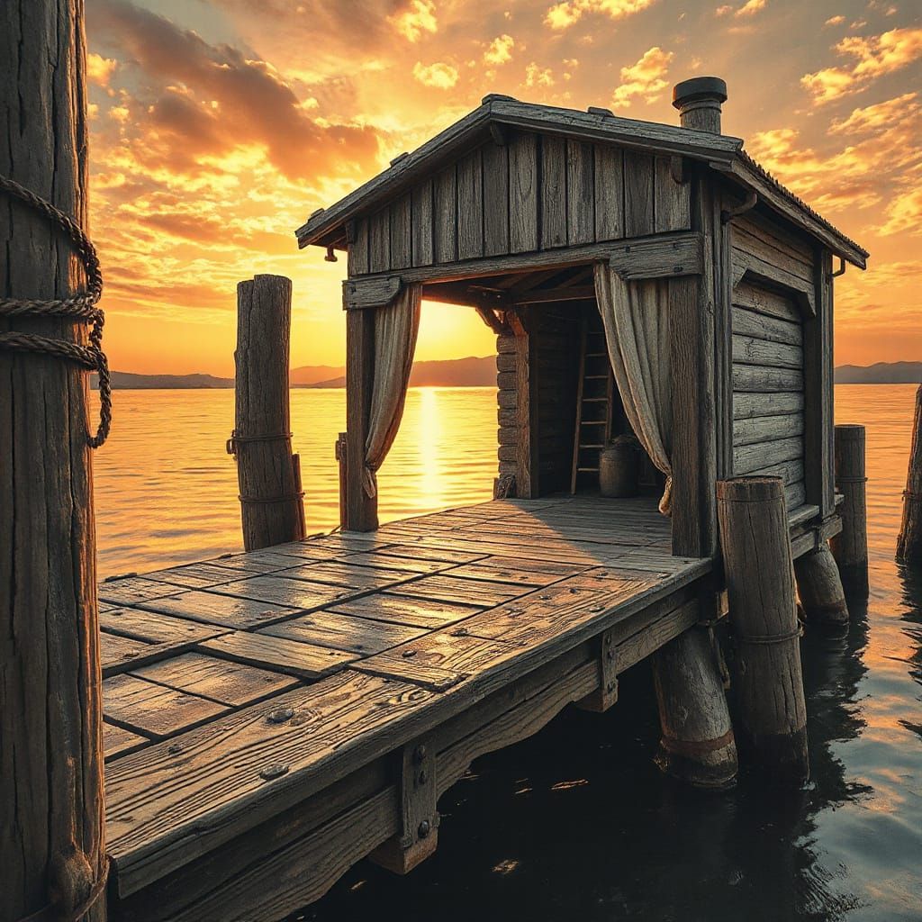 Weathered Dock at Sunset: Baroque Pencil Sketch