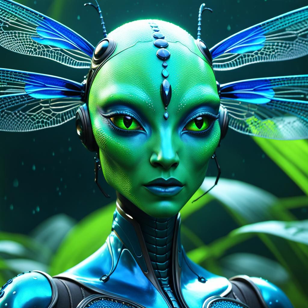 Exotic Dragonfly Alien Girl in Biopunk Style