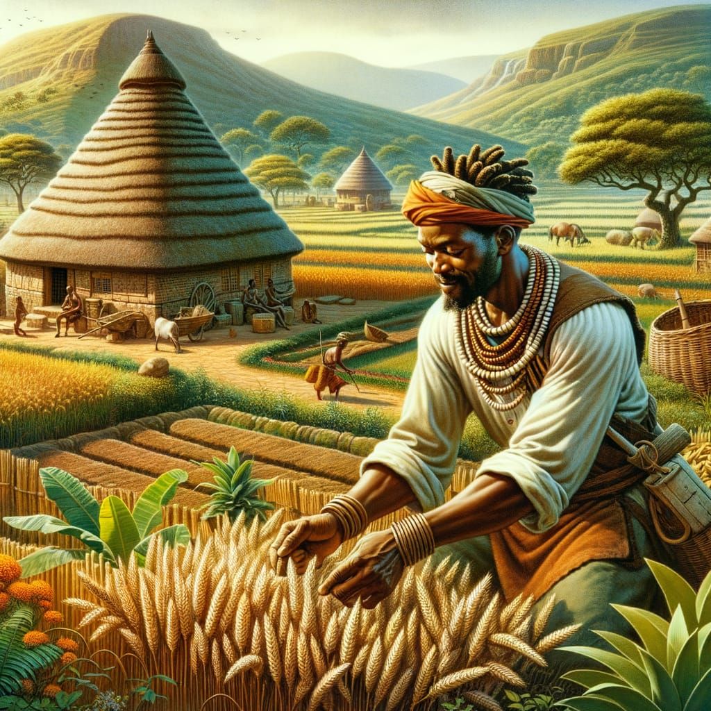 A Bantu Farmer Tending to His Fields in a Classical Age Vill...