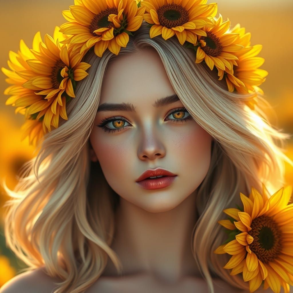 Serene Woman Amidst Vibrant Sunflowers in a Golden, Sun-Kiss...