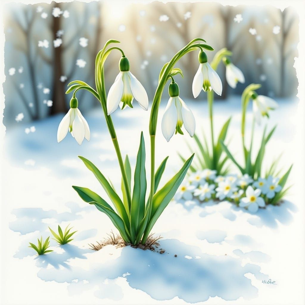 Snowdrop Blooming in Snow: Watercolor Painting