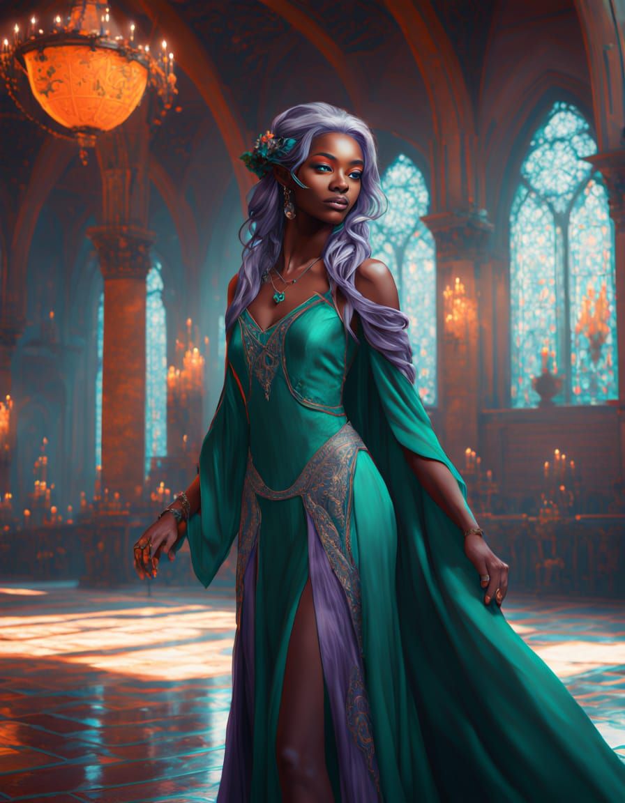 Elegant Dark Fantasy Elf Maiden in Medieval Grandeur