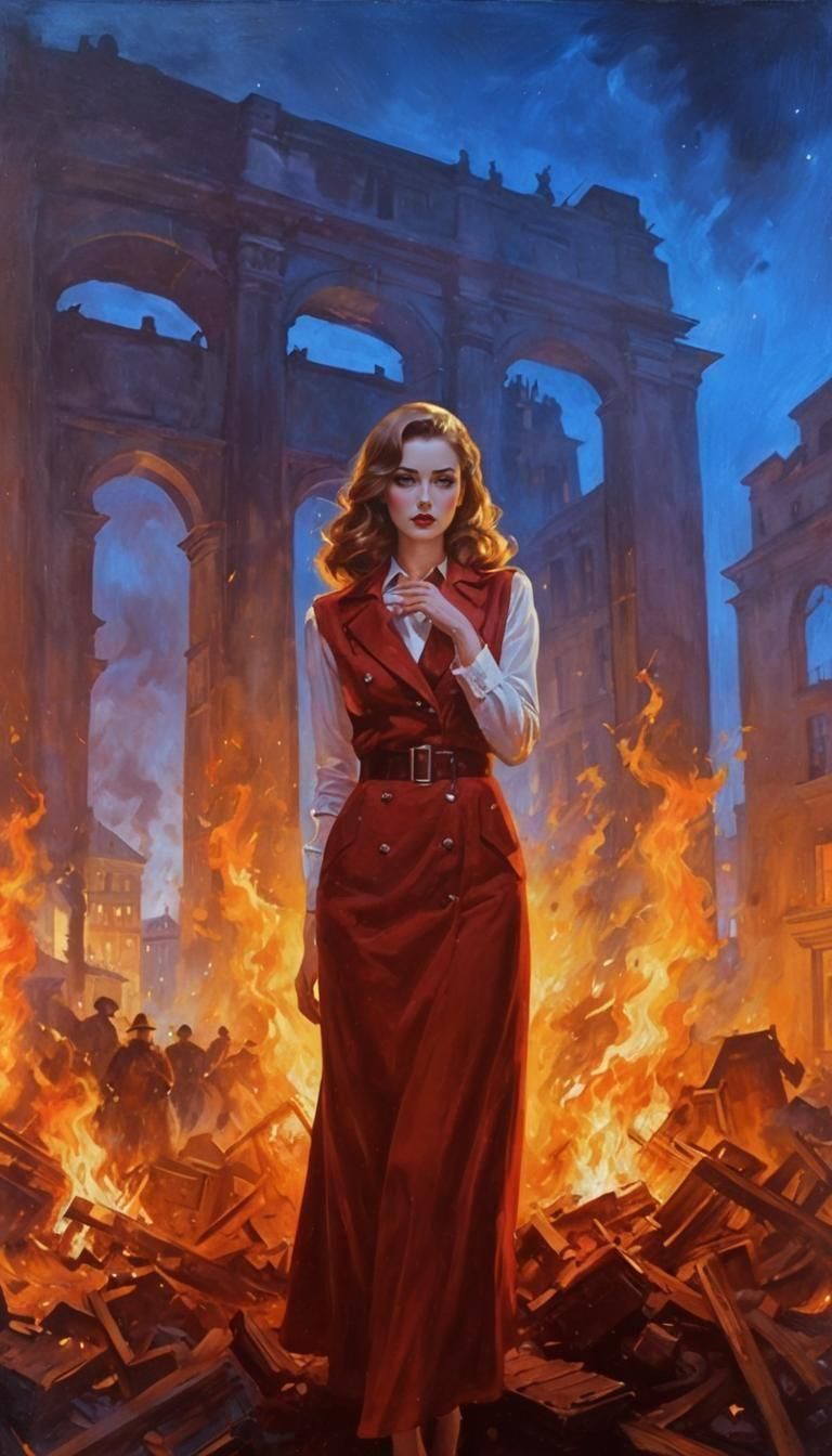 Noir Painting of Book Burning During World War II