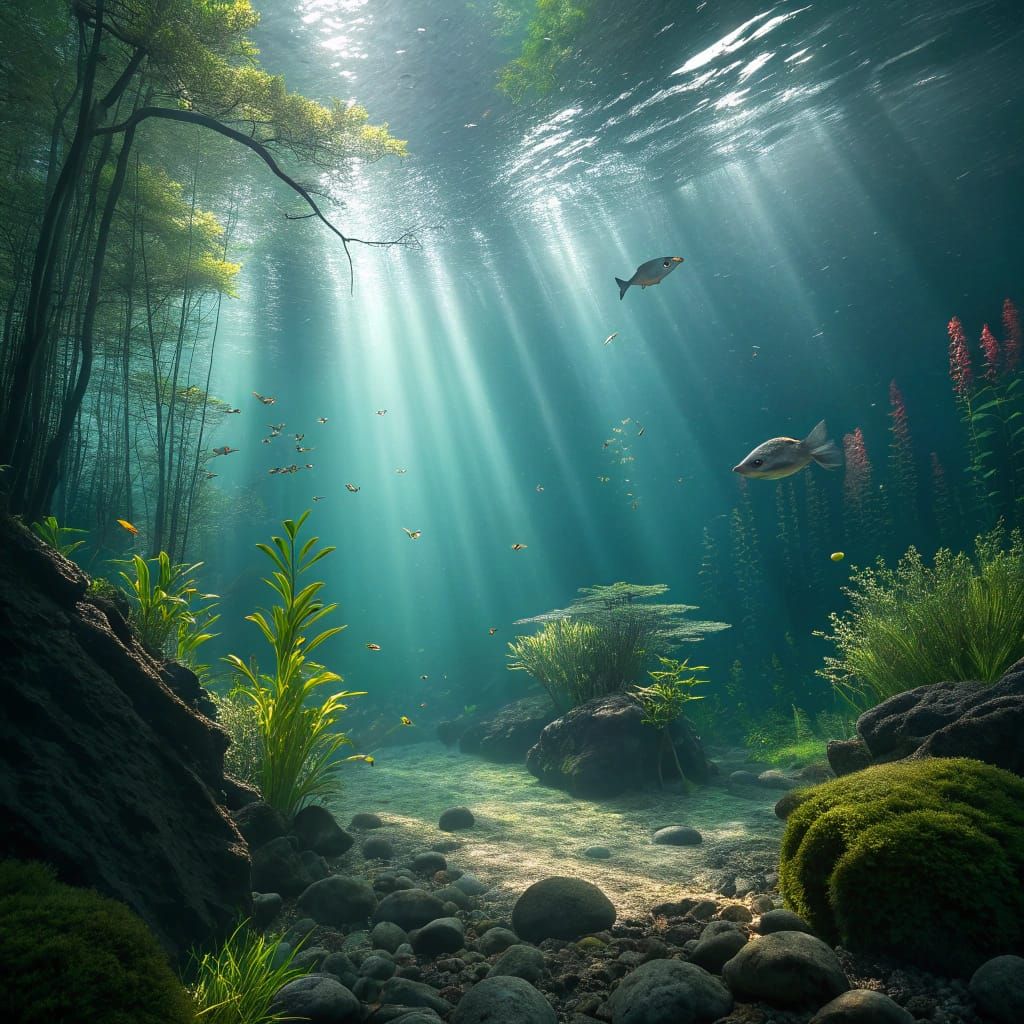 Underwater Forest Pond With Glowing Fish