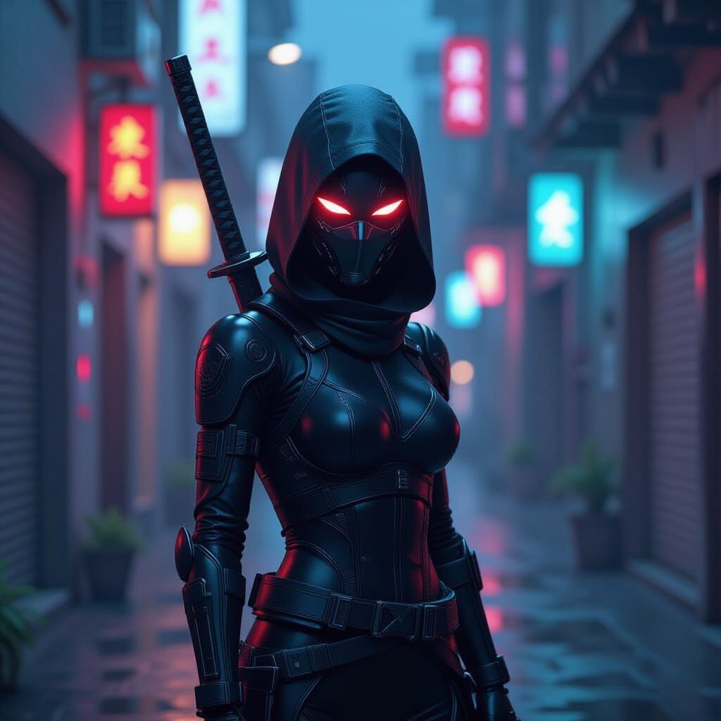 Cyborg Ninja in Neon Alleyway, Hyperrealistic Digital Art