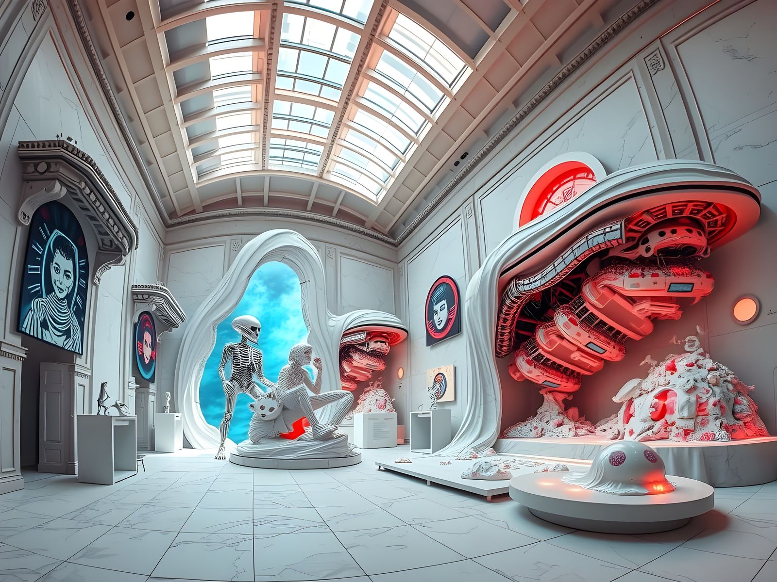 Melting Alien Art in a Museum, Photorealistic
