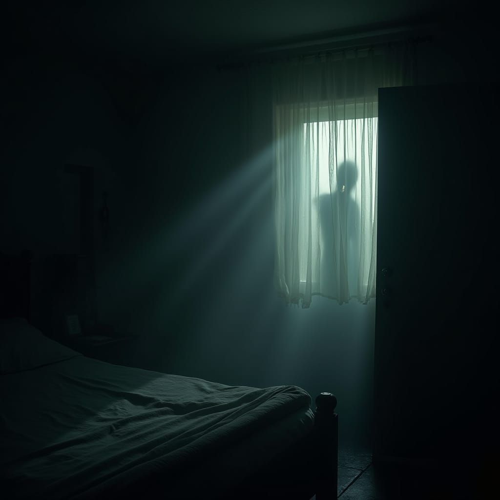Surreal Nighttime Bedroom Scene in a Dark and Ominous Atmosp...