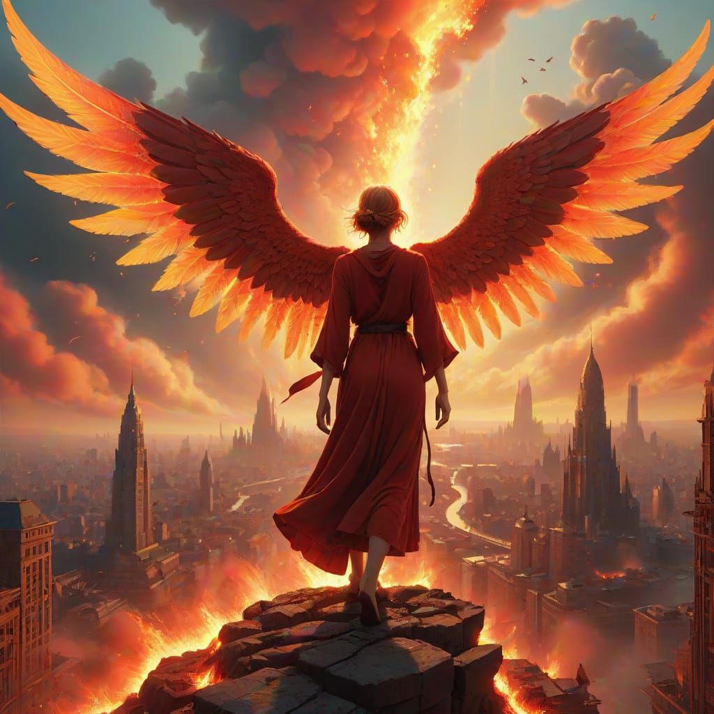 Fiery Cherubs Over Neon Cityscape, Surreal Digital Art