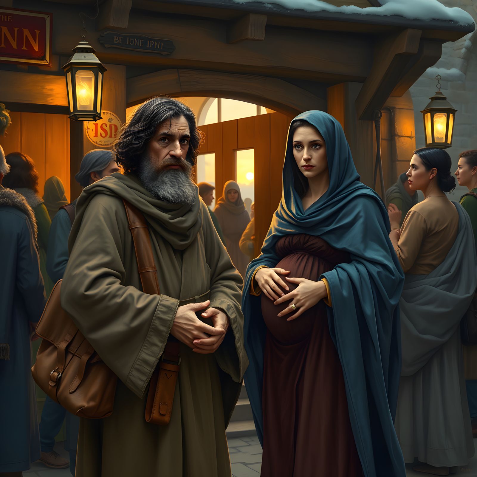 Joseph and Mary at Crowded Inn Door