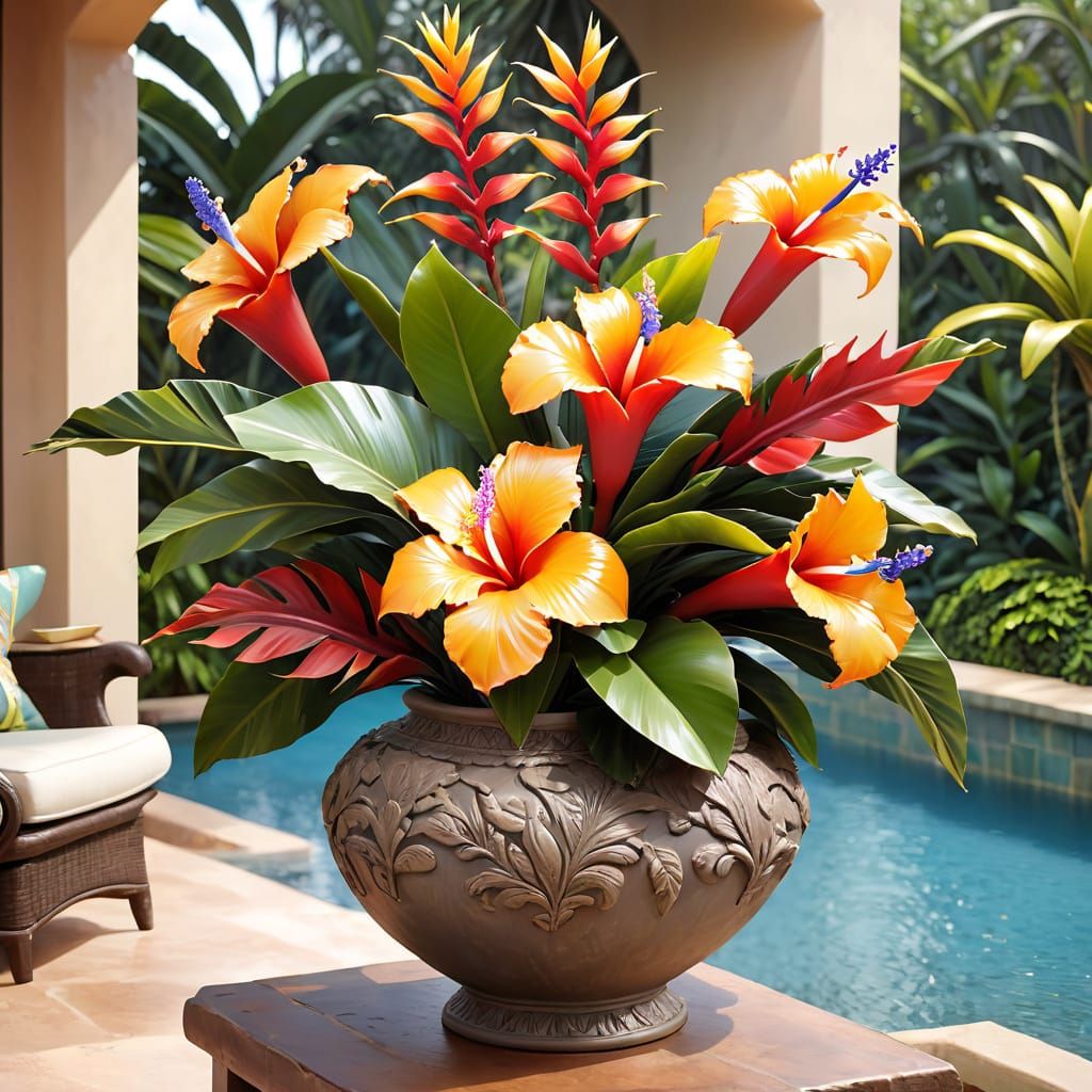 Vibrant Tropical Blooms in Elegant Outdoor Setting