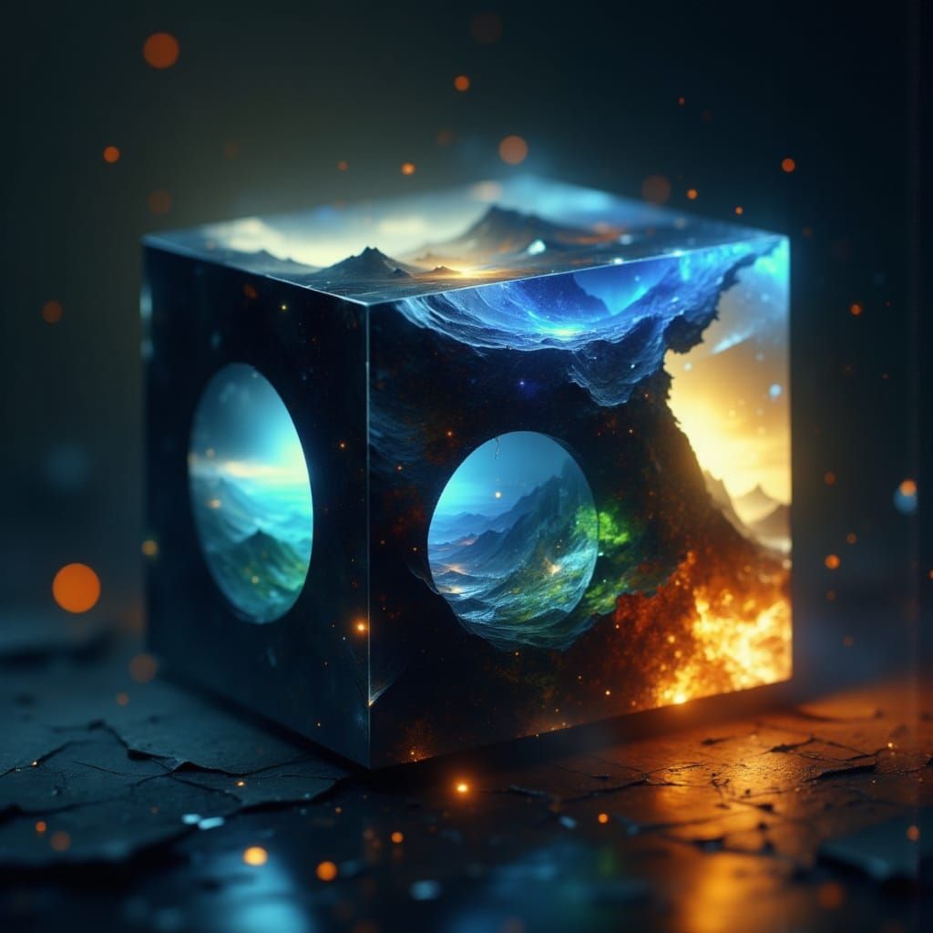 Elemental Cube Glowing with Inner Energy in 3D Style