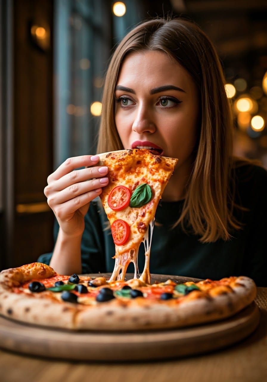 Woman Enjoys Pizza in Hyperrealistic Italian Restaurant