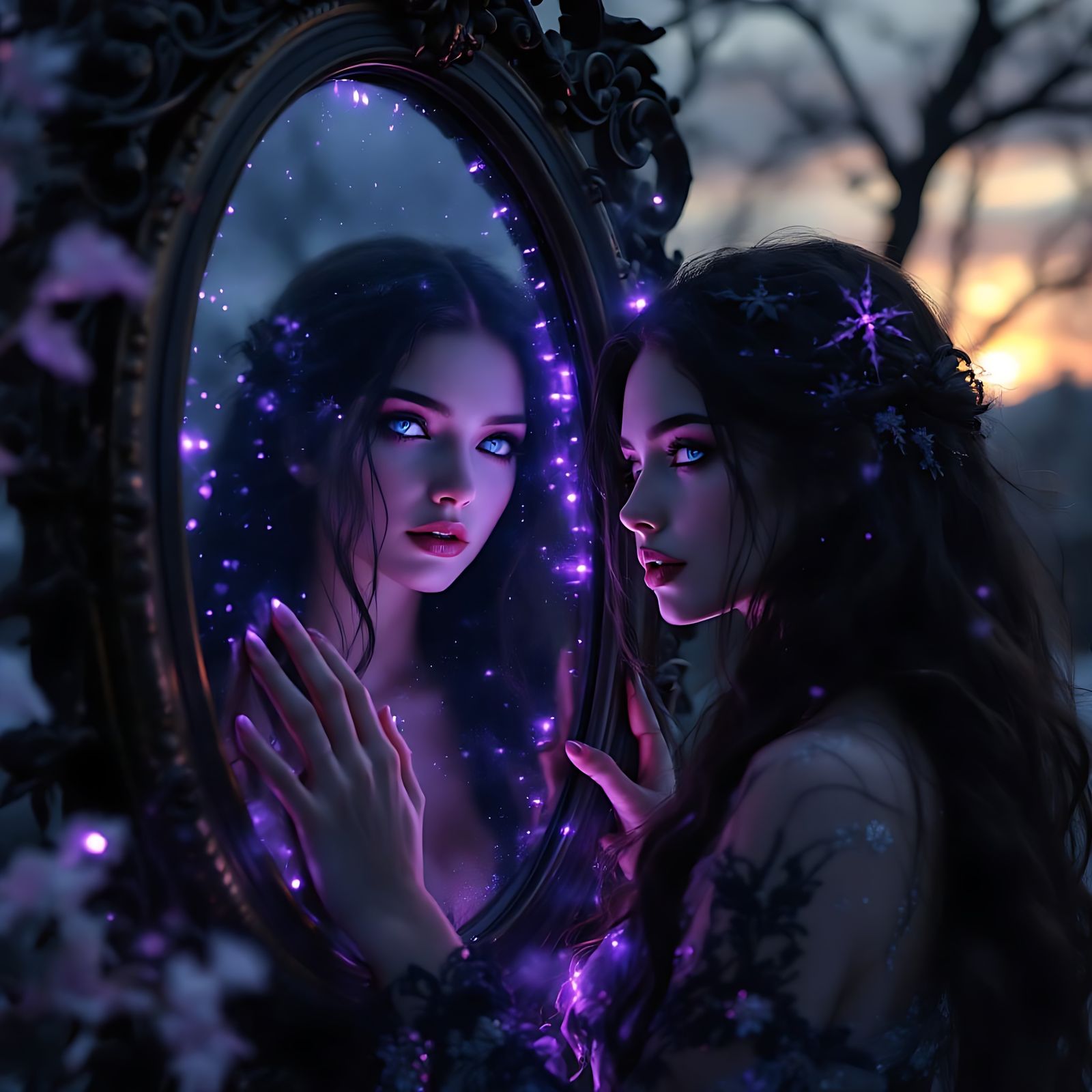 Ethereal Woman Gazing into a Twilight Mirror