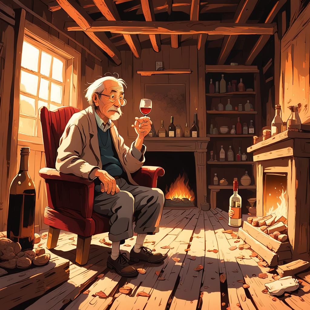 Elderly Man in Run-Down House, Studio Ghibli Style
