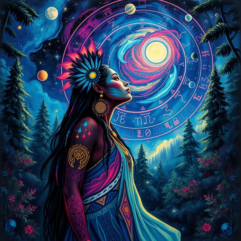 Mystical Shaman Goddess Studies Celestial Zodiac in Vibrant ...