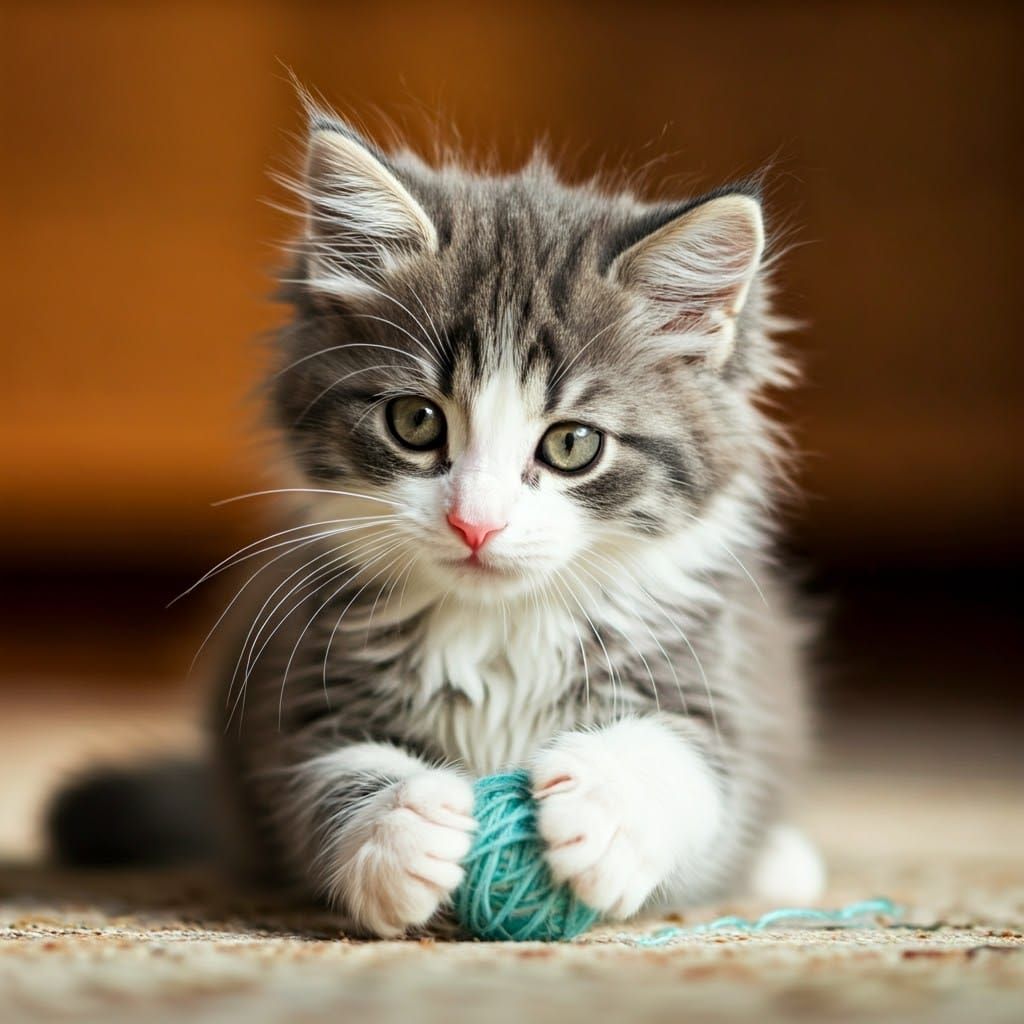Adorable Kitten Playing with Yarn in Golden Light
