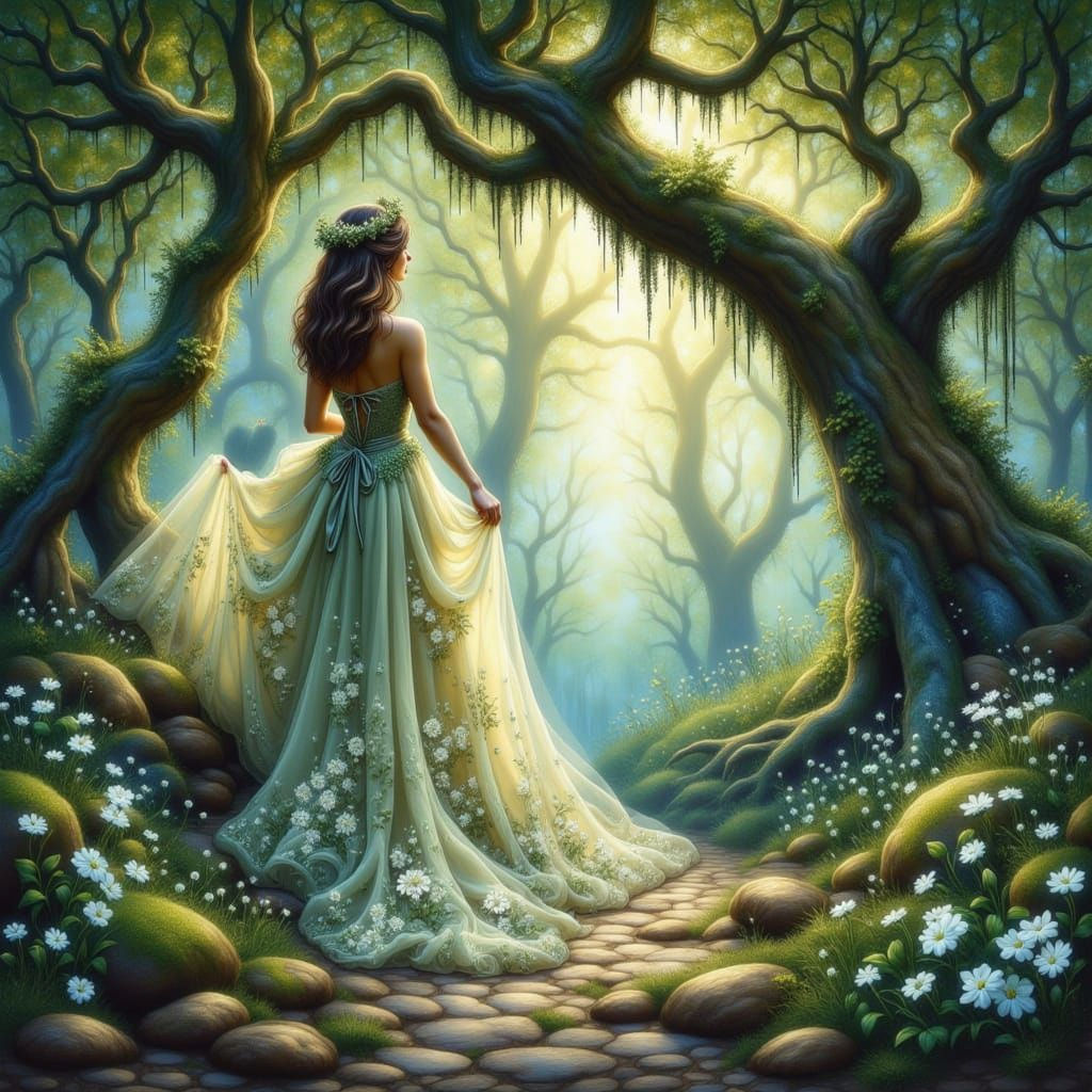 Enchanted Forest Girl in Ethereal Gown, Watercolor Style