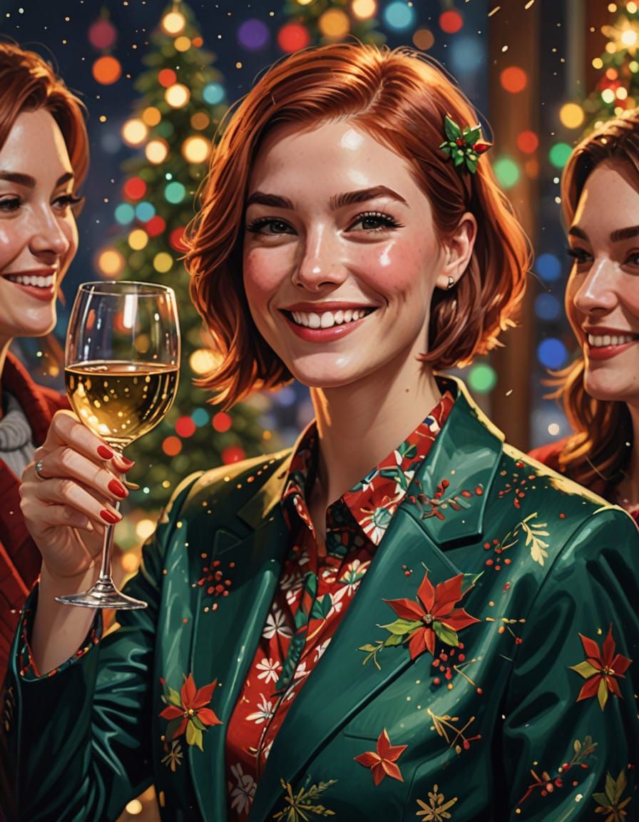 A Festive Holiday Hostess Cheers with Friends in a Vibrant,...