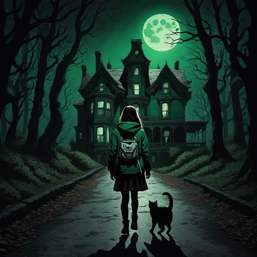 Girl with Cat in Eerie Forest, Gothic Style