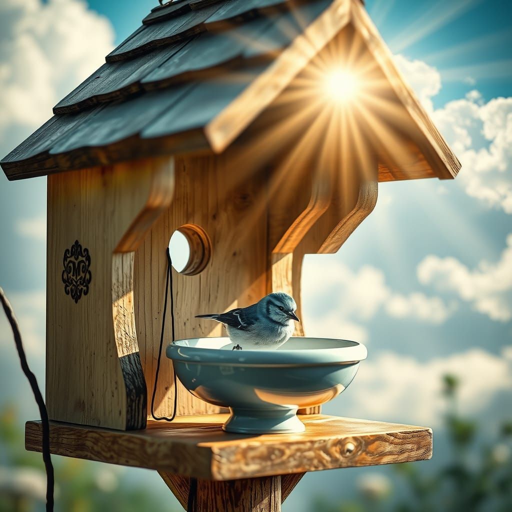 Detailed Birdhouse with Bluebird in Double Exposure