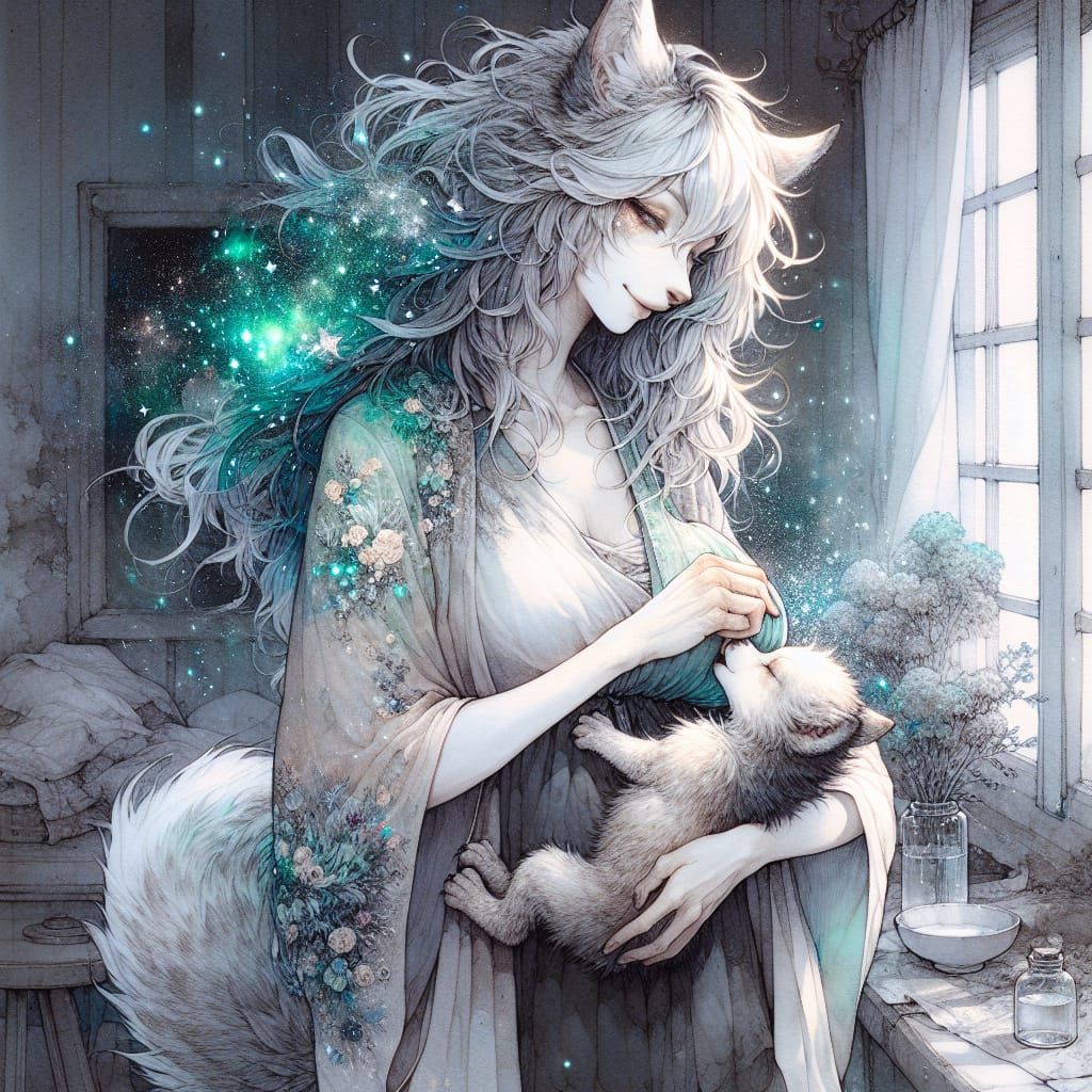 Wolf Mother Breastfeeding Newborn in Anime Style