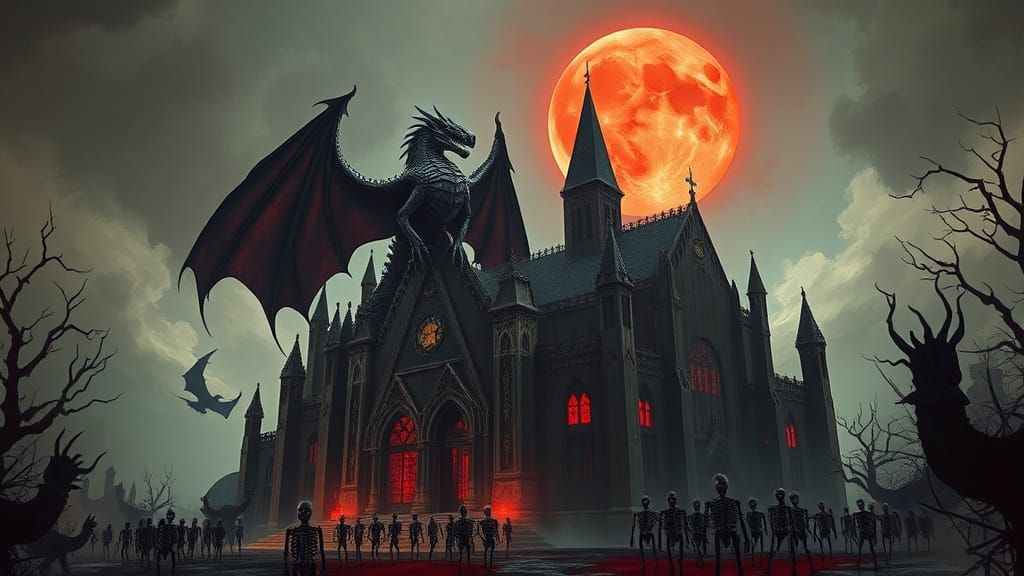 Obsidian Dragon Over Haunted Cathedral with Skeleton Army