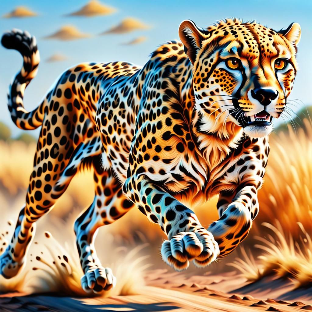 Cheetah Sprinting: Graffiti Art on Golden Savanna