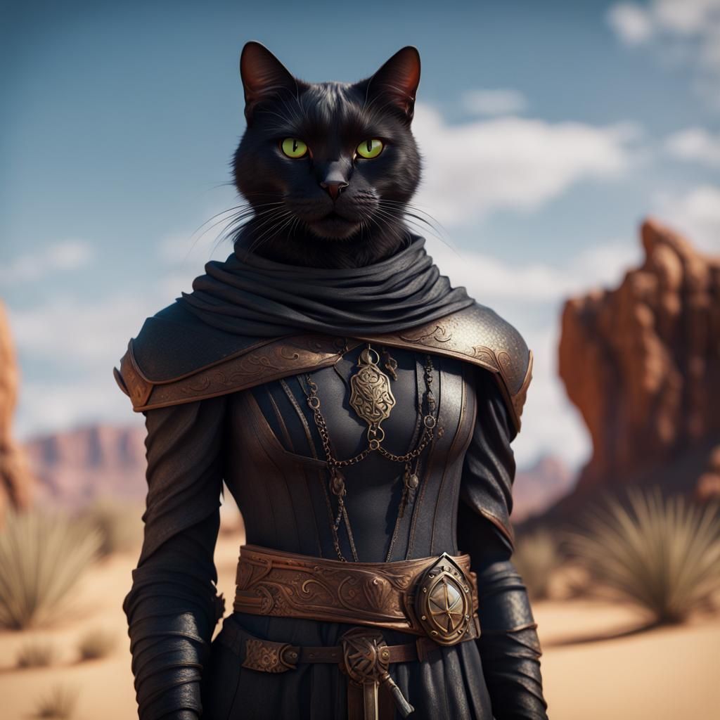Cool Black Cat Warrior in Desert Landscape