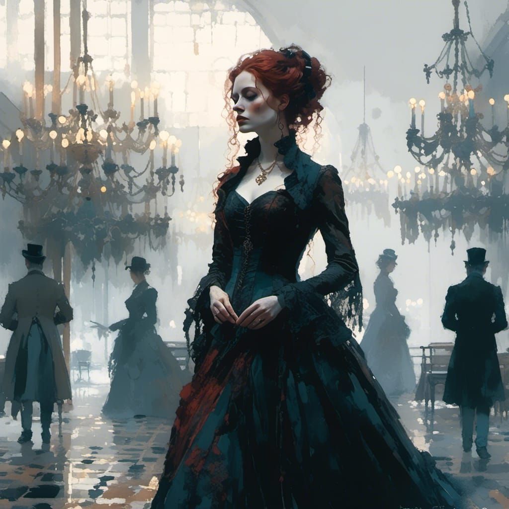 Vampiress Bride in Victorian Gown, Digital Matte Painting