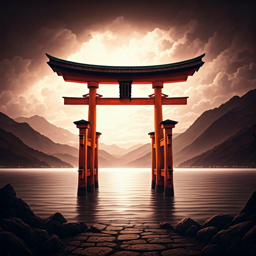 Majestic Torii Gate in Charcoal Drawing Style