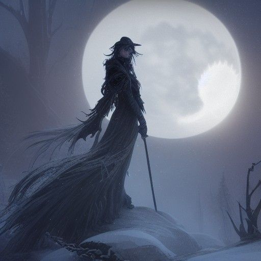 Snow Witch Portrait with Full Moon, Digital Art
