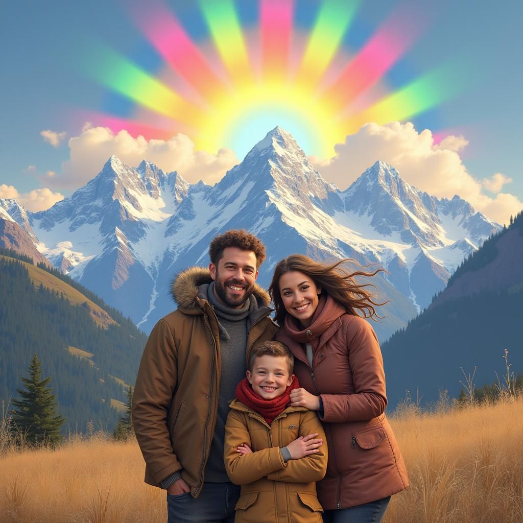 Idyllic Family Scene with Rainbow in Hand-Painted Style