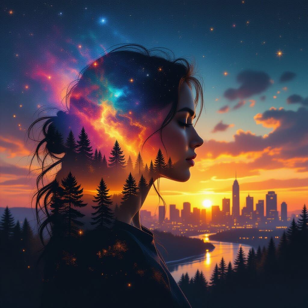 Cosmic Woman Silhouette with Aurora and Cityscape