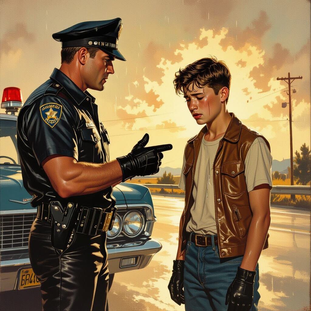 1960s Highway Patrol Officer Reprimands Teenager, Retro Styl...
