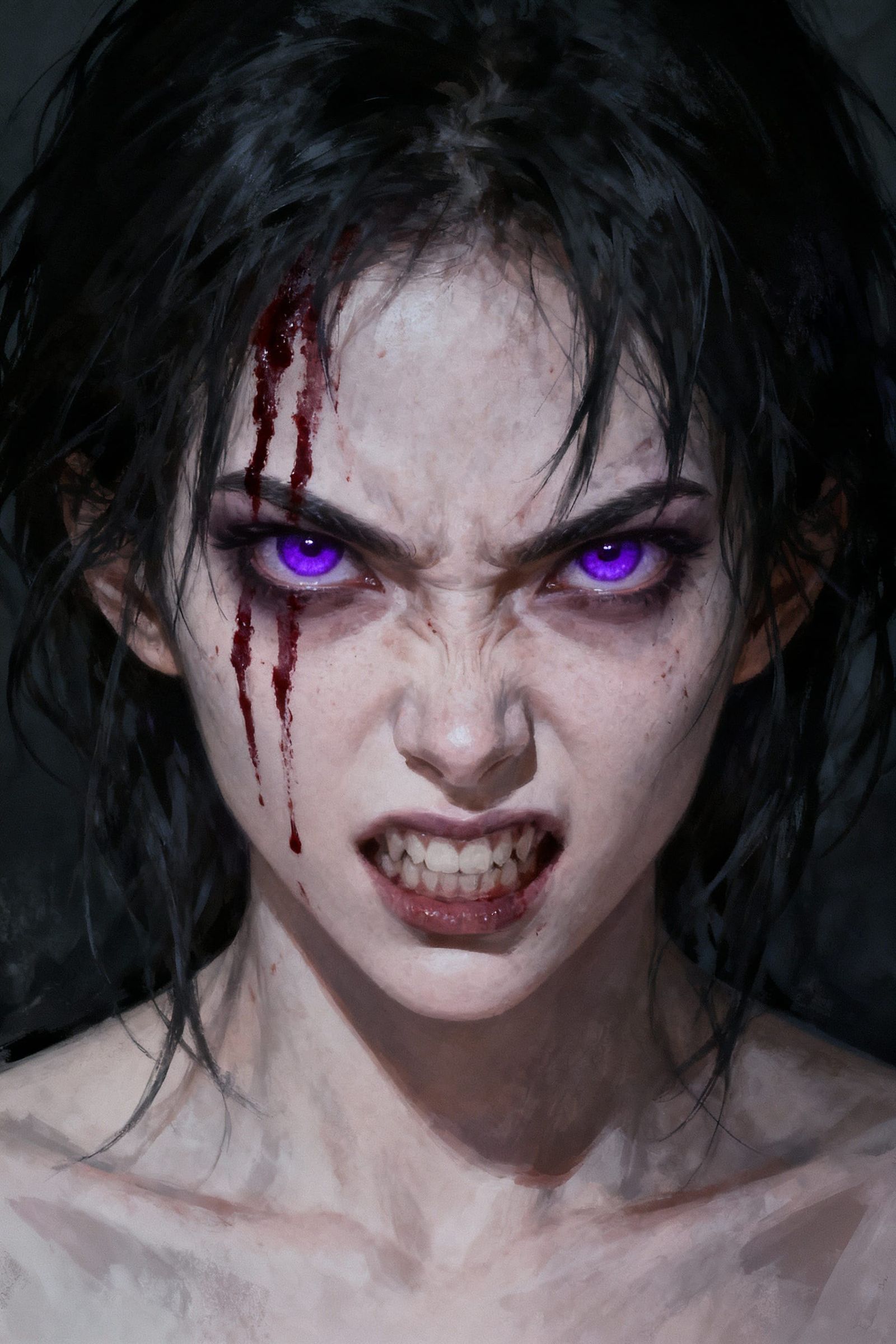 Concept Art: Fierce Woman with Violet Eyes and Bloody Streak...