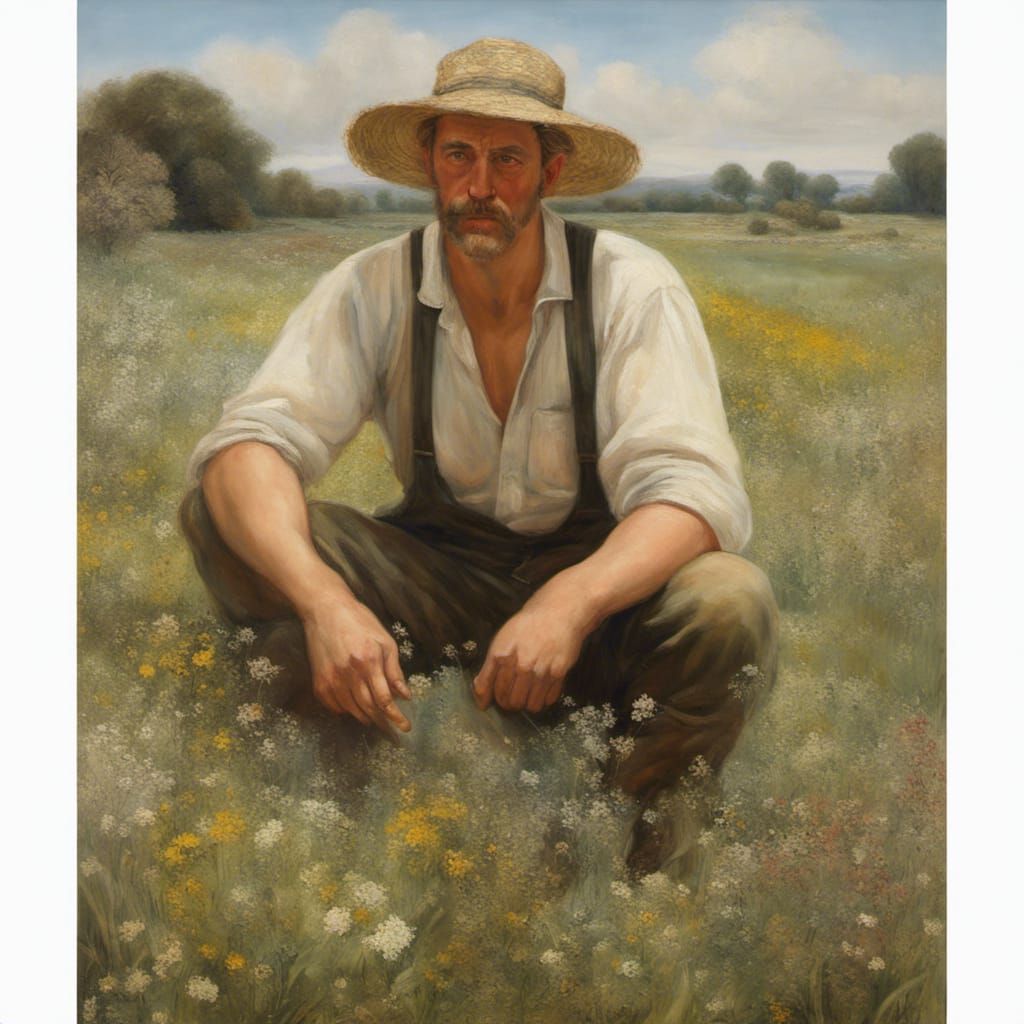 Detailed Oil Painting of Farmer in Meadow