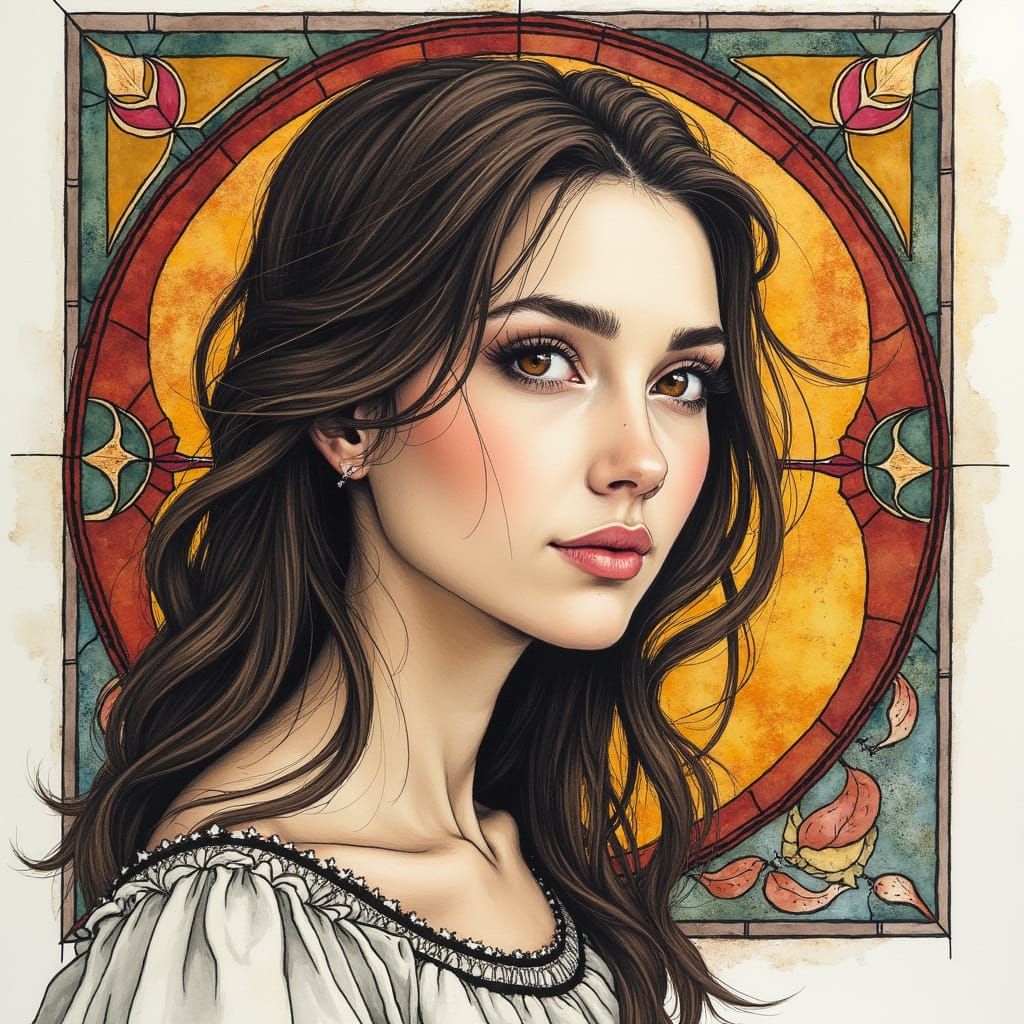 Beautiful Woman in Elegant Stained Glass Portrait