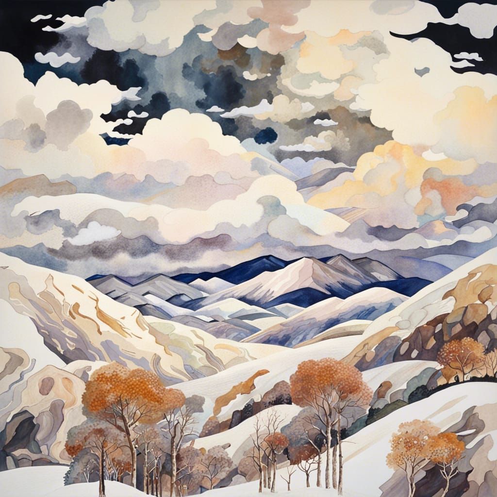 Snowy Mountain Landscape in Gouache Style