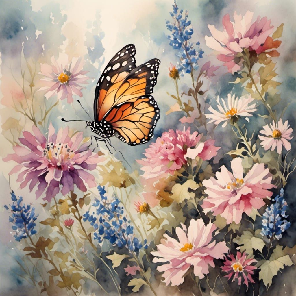 Watercolor Butterfly and Flower Wall Art