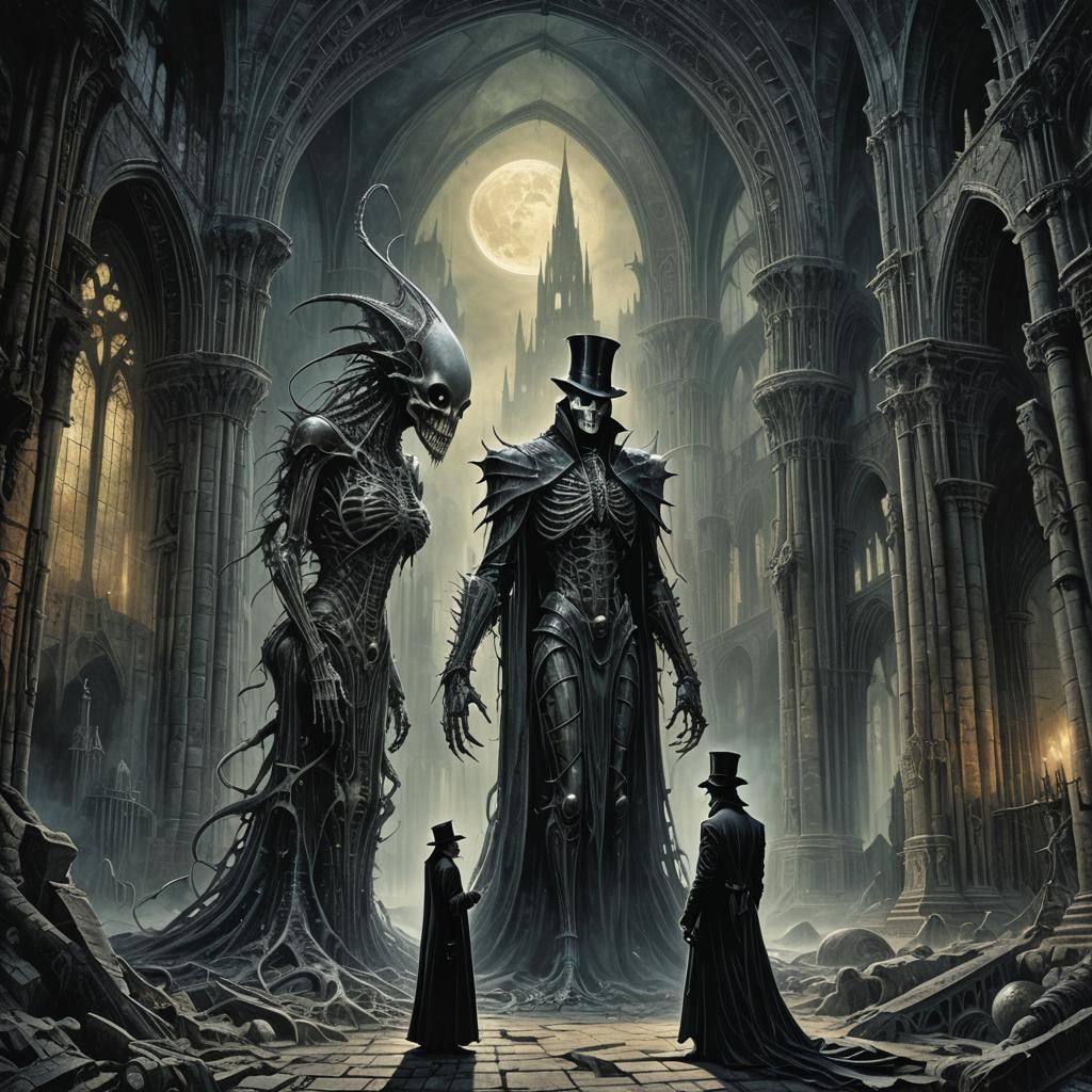 Humanoid Seduces Alien in Biomechanical Dark Fantasy Art