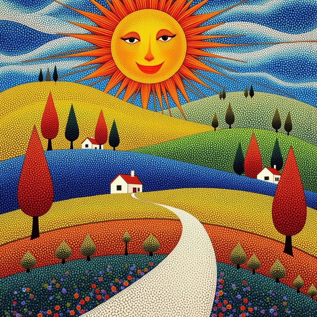 Whimsical Pointillist Landscape with Smiling Sun